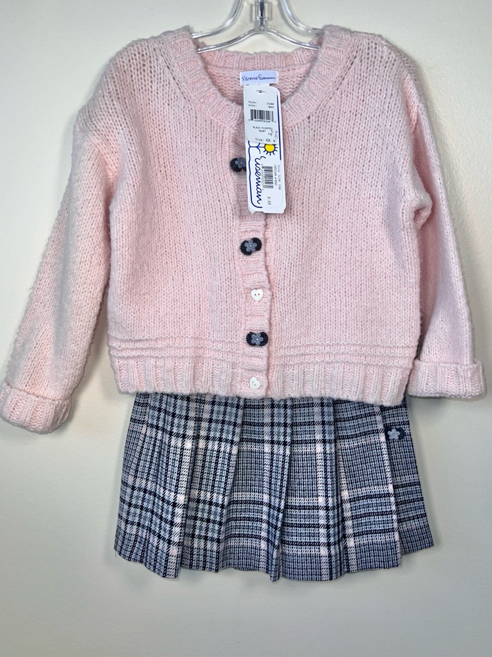 VTG  F.Eiseman Pale Pink Knit Cardigan with Grey Plaid Quilt/Skort NOS NWT Sz.6x